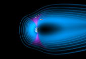 The four Cluster spacecraft orbit Earth to observe the giant magnetic bubble around Earth called the magnetosphere.